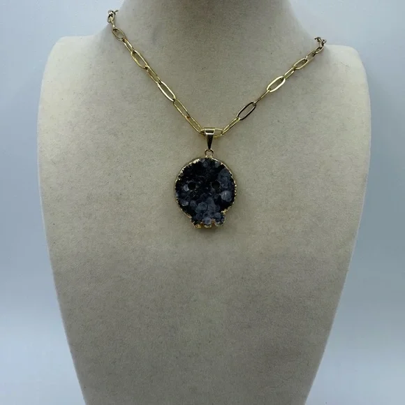 Druzy Amethyst Skull Pendant with Gold Plated Siding on Stainless Steel Chain - Picture 6 of 9